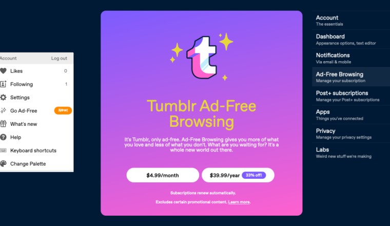 Tumblr เพิ่มทางเลือกใช้งานแบบไม่มีโฆษณา คิด 5 ดอลลาร์ต่อเดือน