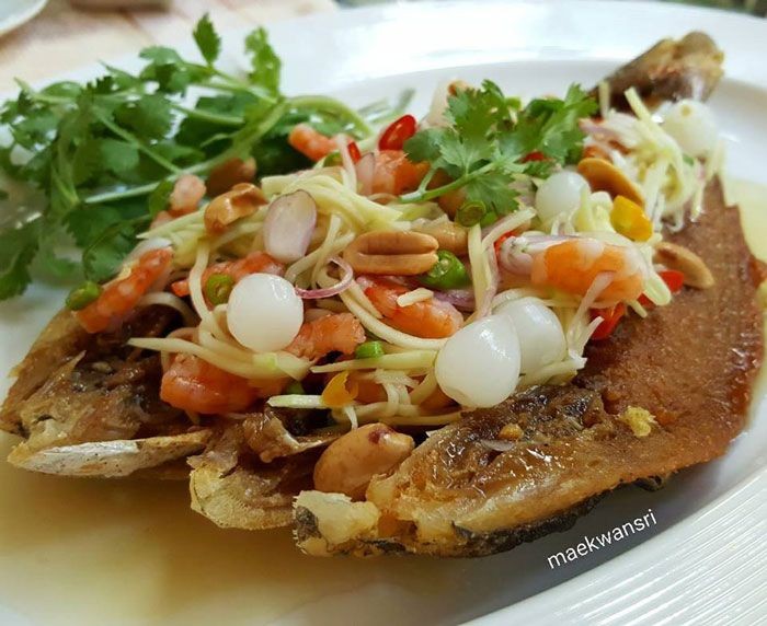 ปลาสำลีทอดน้ำปลา ยำมะม่วง อาหารจานเดียว