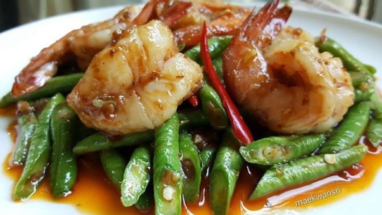 ผัดถั่วฝักยาวใส่กุ้ง อาหารจานเดียว